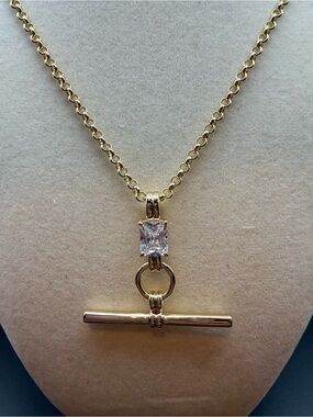 Gold Toggle Necklace with Clear Square Crystal Accent